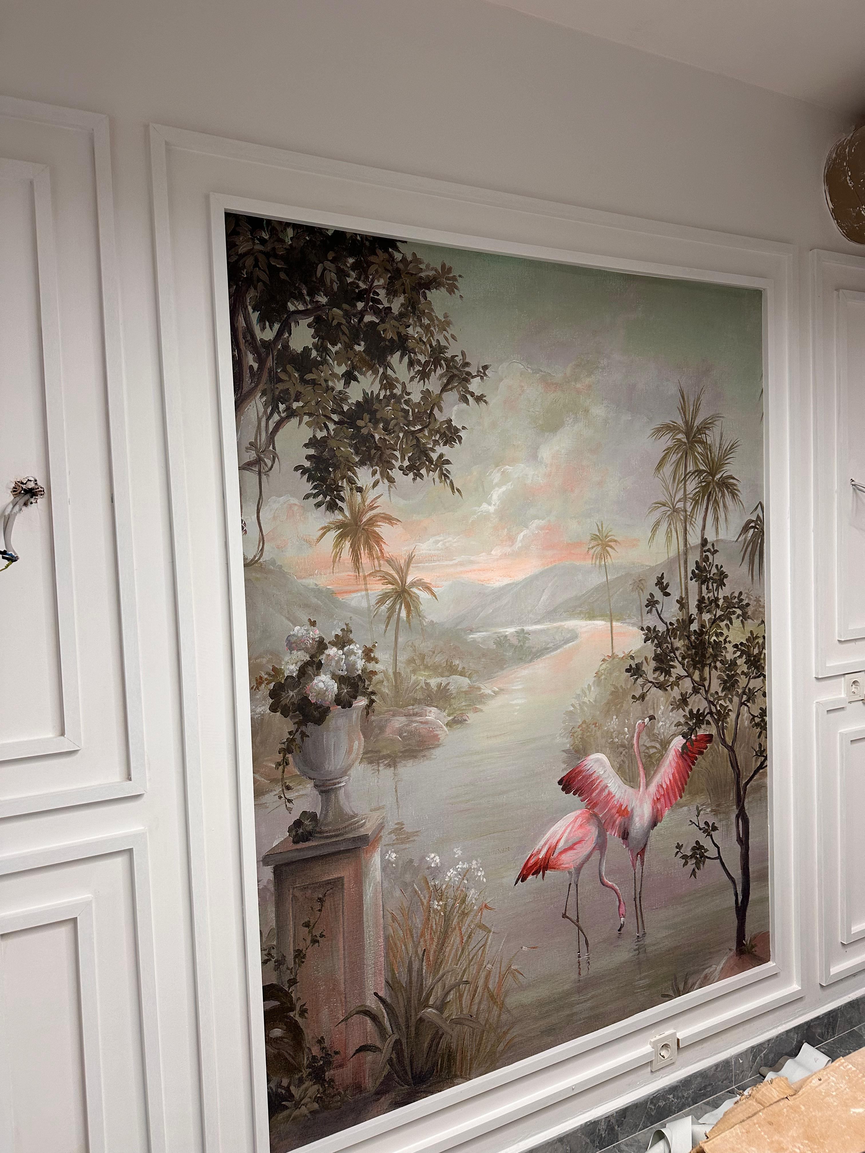 Yatak odası için pastel tonlarda boya ve duvar kağıdı kombinasyonu