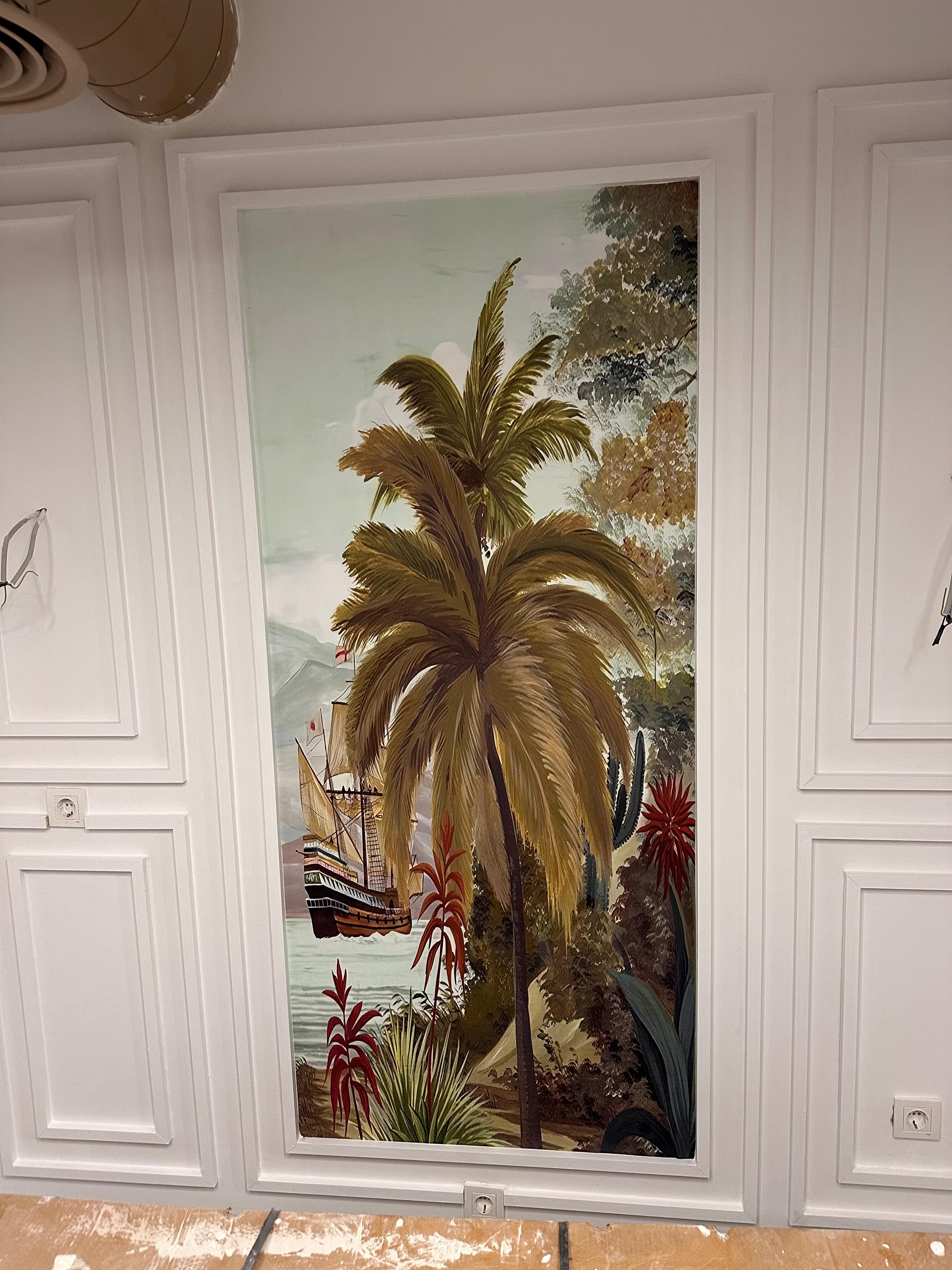 Modern salon için taş desenli duvar kağıdı uygulaması